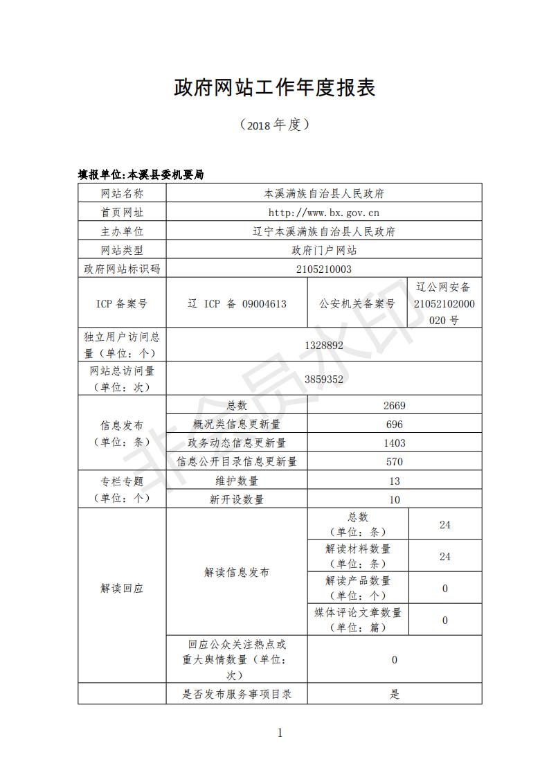 本溪县政府网站工作2018年度报表